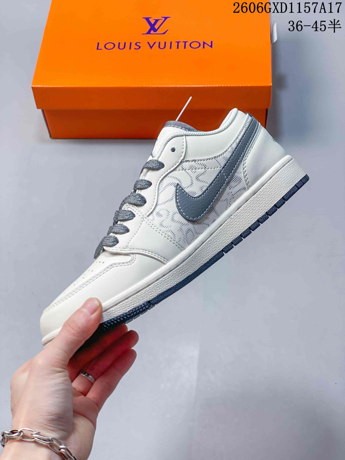 Jordan 1 Low Cream Grey Monogram Print Sneakers