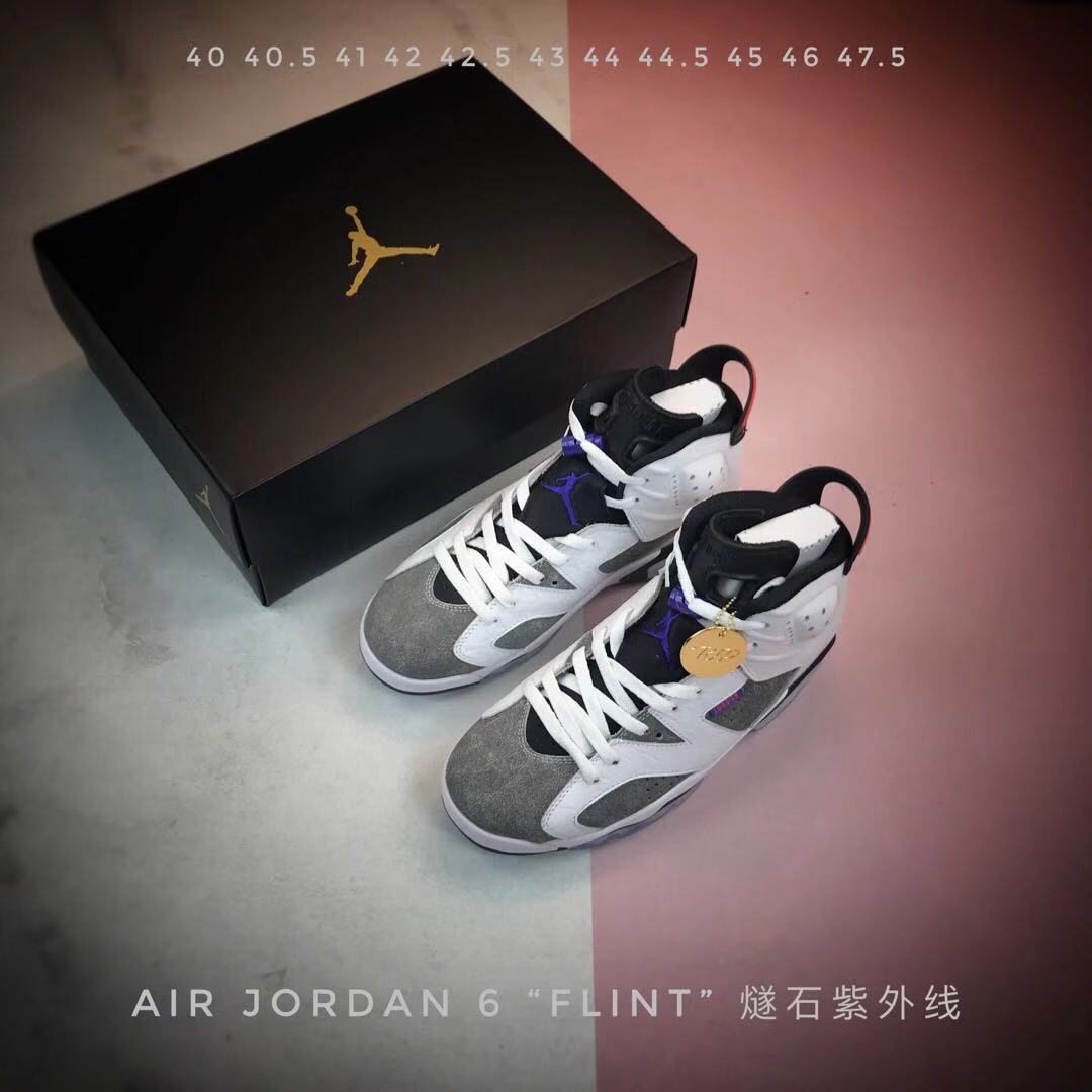 Pair of Air Jordan 6 Flint sneakers beside a black shoebox; overlaid size text reads 40, 40.5, 41, 42, 42.5, 43, 44, 44.5, 45, 46, and 47.5.