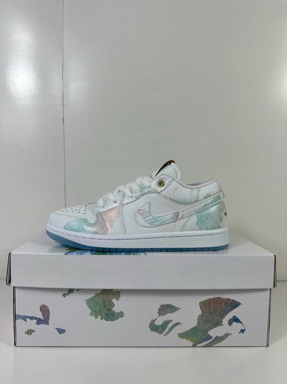 Side profile of the white low-top sneaker with pastel accents and translucent blue outsole.