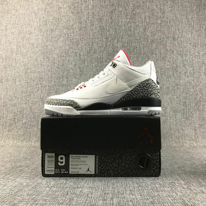 Side profile of the sneaker displayed on a box; the visible label shows AIR JORDAN 3 RETRO, size 9, EU 40.5, UK 8, and CM 27.