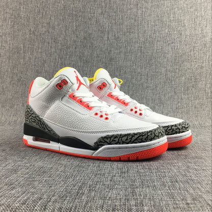 Pair of Jordan 3 sneakers in a three-quarter front view.