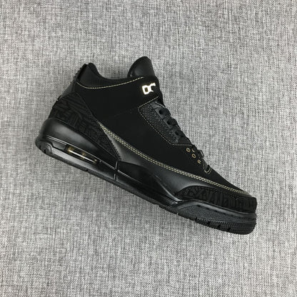 Angled side view of the black and gold Jordan Air Jordan 3 BHM sneaker