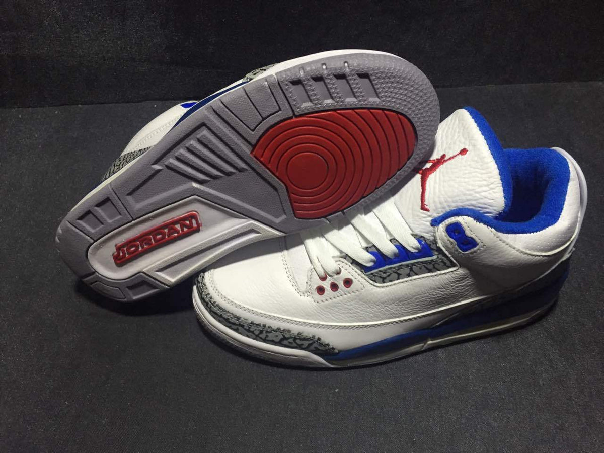Pair of white and blue high-top sneakers shown from the side and outsole, with red circular traction details.