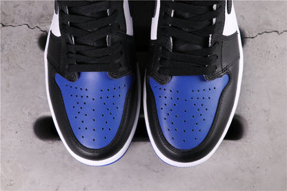 Top view of black and blue perforated toe boxes with black laces.