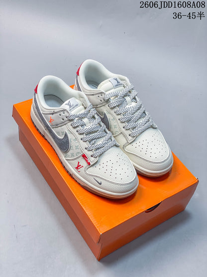 Nike SB Dunk Low LV Print Sneakers in Cream and Gray