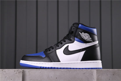 Side profile of a black, white and blue high-top sneaker showing the Jordan Wings logo.