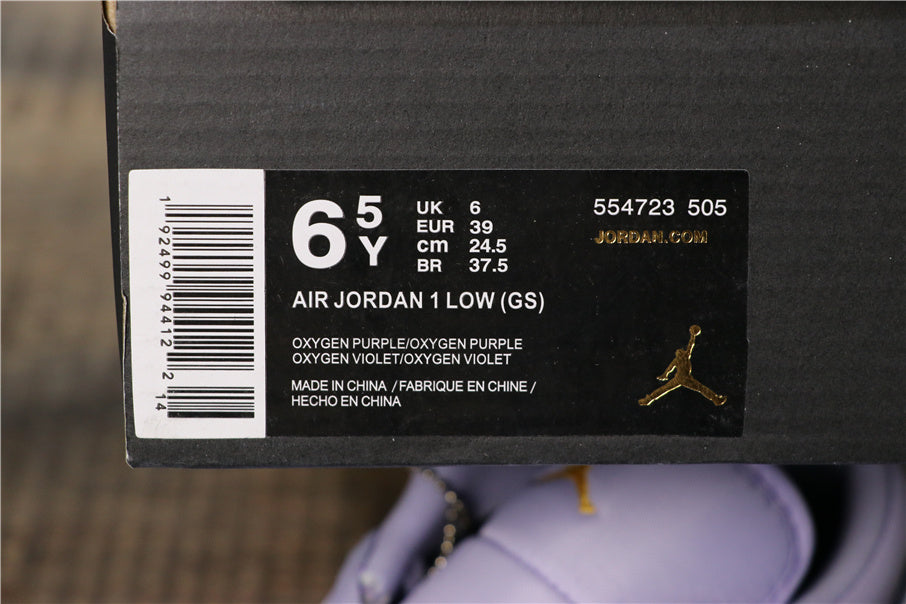 Jordan Air Jordan 1 Low GS box label showing style code 554723 505, UK 6, EUR 39, and 24.5 cm.