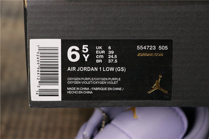 Jordan Air Jordan 1 Low GS box label showing style code 554723 505, UK 6, EUR 39, and 24.5 cm.