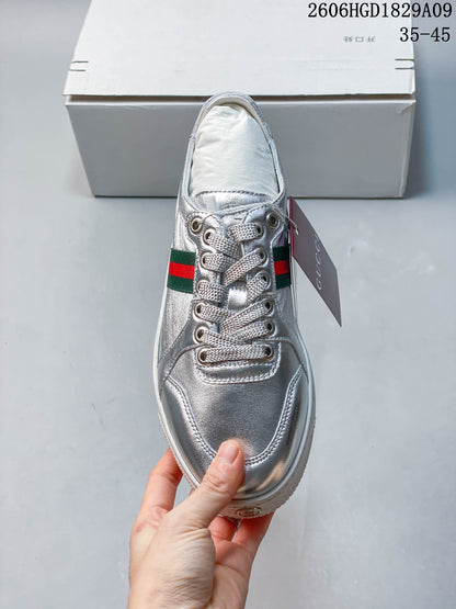 Gucci Silver Low-Top Sneakers with Green-Red Web Stripe