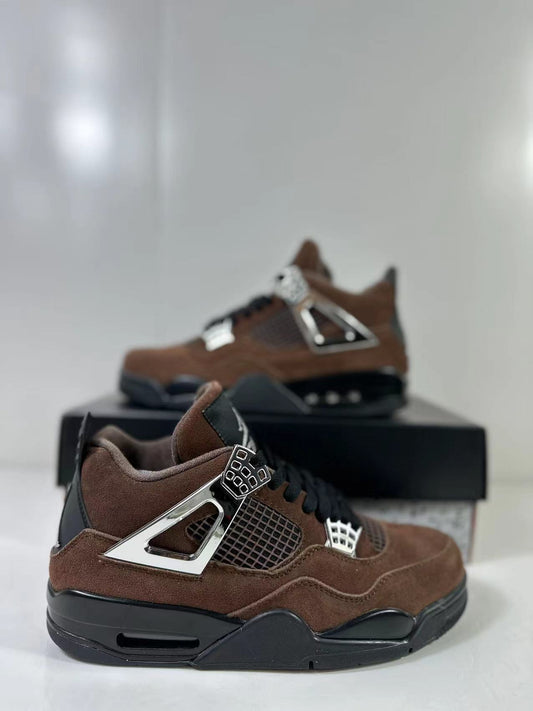 Brown and black Air Jordan 4-style sneakers shown in a close side view on a shoe box.