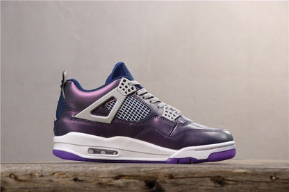 Side profile of the sneaker showing the purple-blue upper, white midsole, visible air-window detail, and purple outsole.