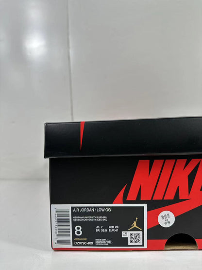 Jordan shoebox label showing Air Jordan 1 Low OG, the obsidian/university blue color listing, size 8, UK 7, EU 41, CM 26, and code CZ0790 400.