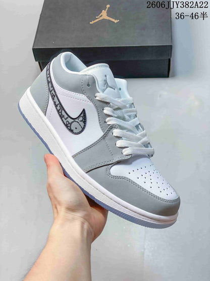 Air Jordan 1 Low White Grey Patterned Swoosh Sneakers