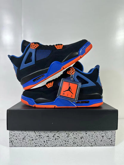 Stacked view of the pair showing blue and orange accents, Jordan branding and an attached hangtag.