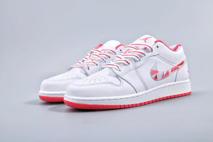 Three-quarter view of the pair with white uppers, pink-red accents, and red outsoles.