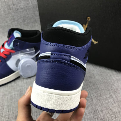 Close-up of the rear sneaker showing the purple heel panel and white midsole.