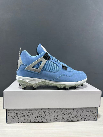 Side profile of a University Blue Jordan Air Jordan 4 sneaker displayed on a shoebox.