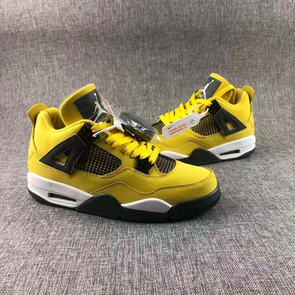 Side profile of the pair showing the yellow uppers, black overlays, white midsole sections, and heel air-window details.