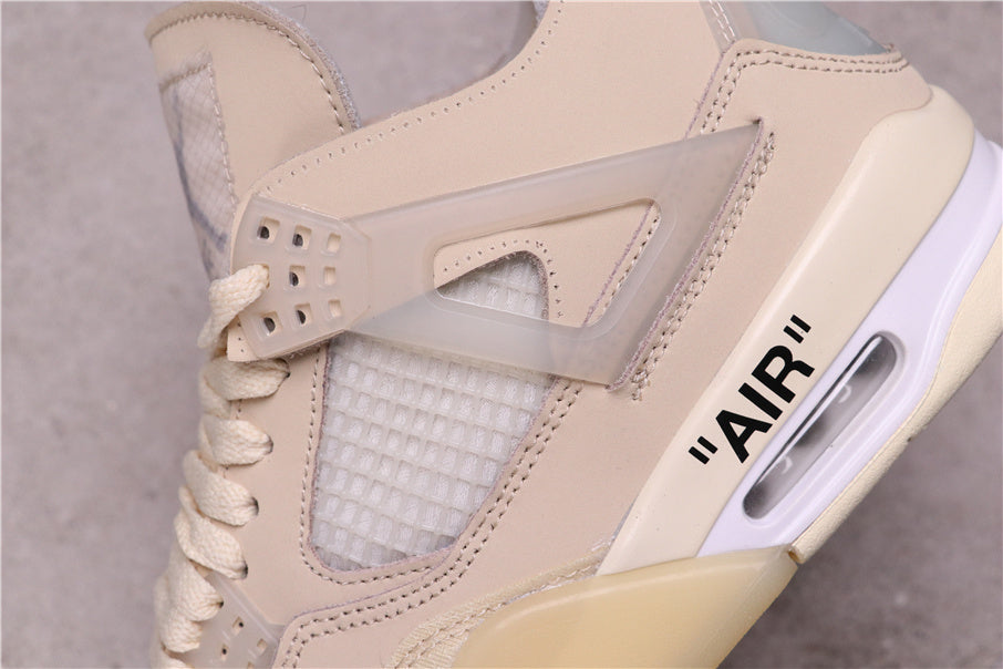 Close-up of the lateral side showing the translucent support panel, mesh insert, printed AIR detail, and visible cushioning window.