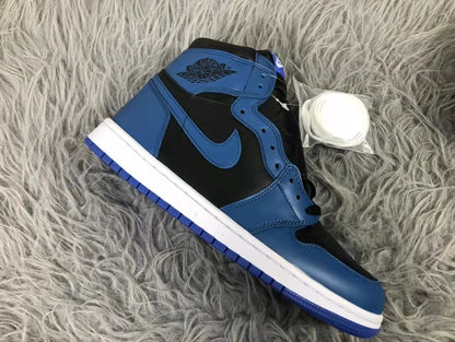 Side view of a black and blue high-top sneaker with layered blue panels, black side section, and white midsole.