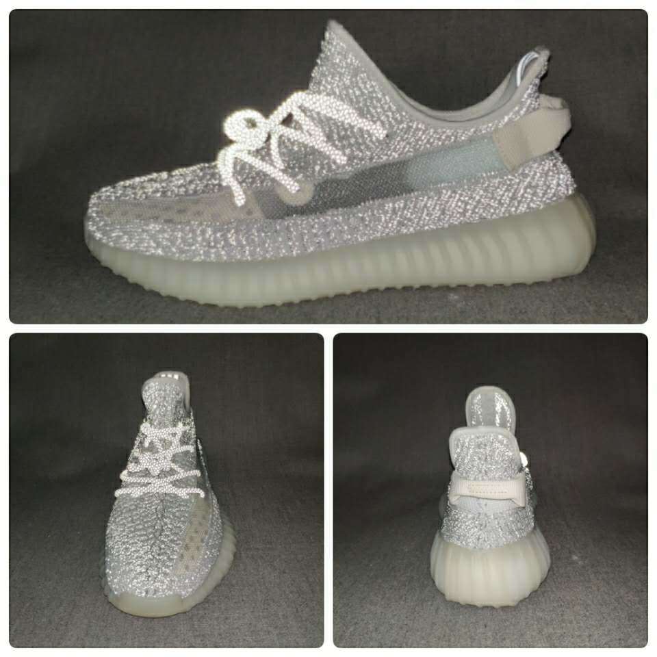 Collage showing side, front, and rear views of the silver-gray Yeezy 350 V2 sneakers.