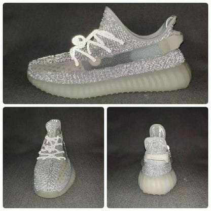 Collage showing side, front, and rear views of the silver-gray Yeezy 350 V2 sneakers.