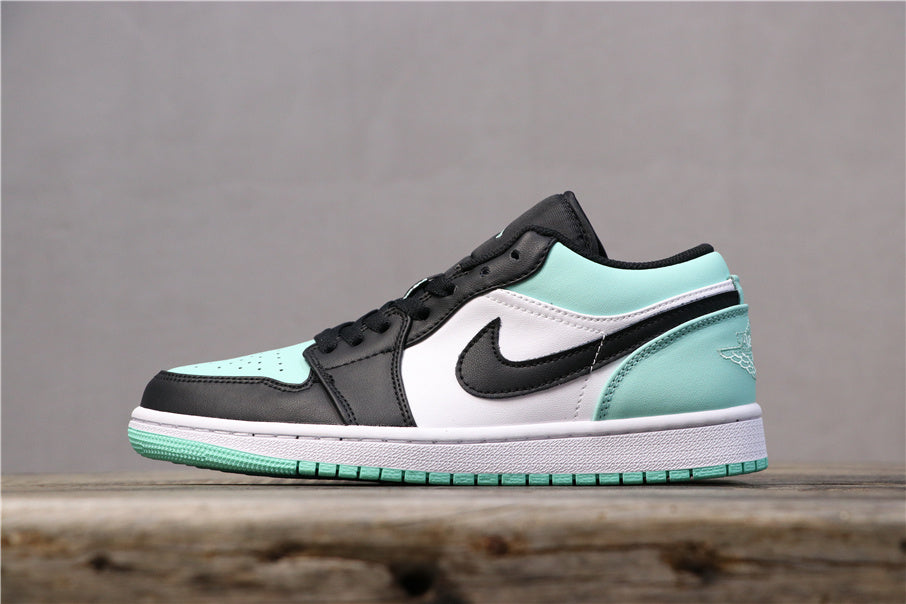 Opposite side view of a low-top Air Jordan 1 sneaker in black, white, and mint green.