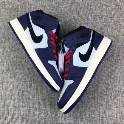 Top-down view of the pair showing the mid-top collars, red laces and light blue tongue details.