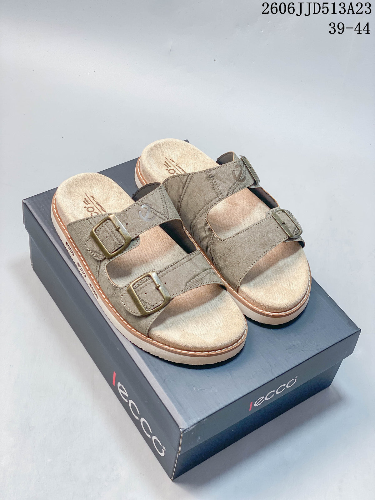 ECCO Double-Buckle Slide Sandals in Taupe