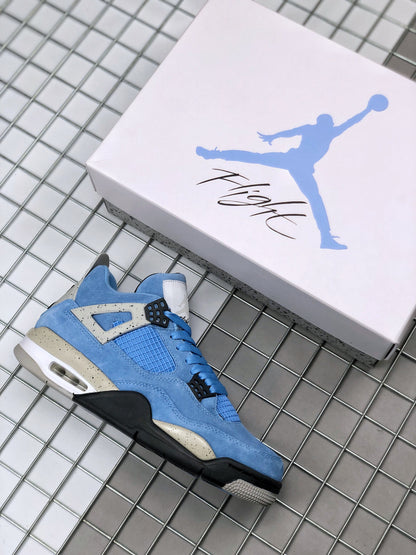 Blue Air Jordan 4 sneaker beside a Jordan shoebox, showing the upper, speckled panels, and white midsole.