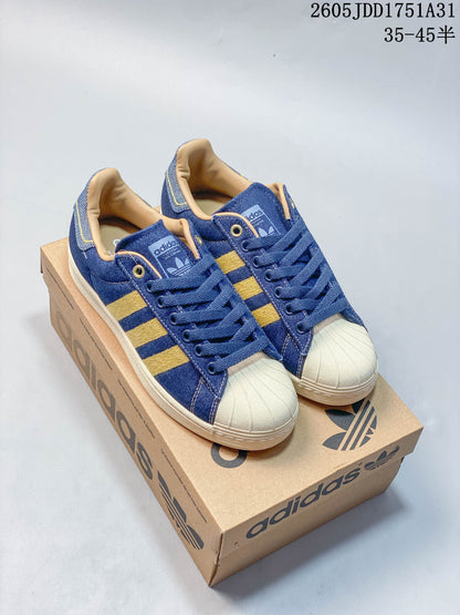 Adidas Superstar Blue Denim and Gold Sneakers