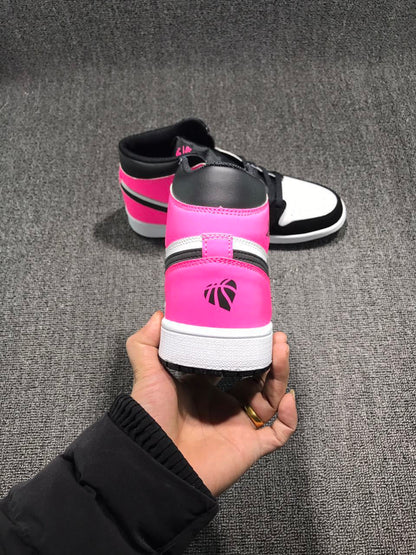 Rear view showing the vivid pink heel panel, black collar, white midsole, and Jordan-style heel emblem.