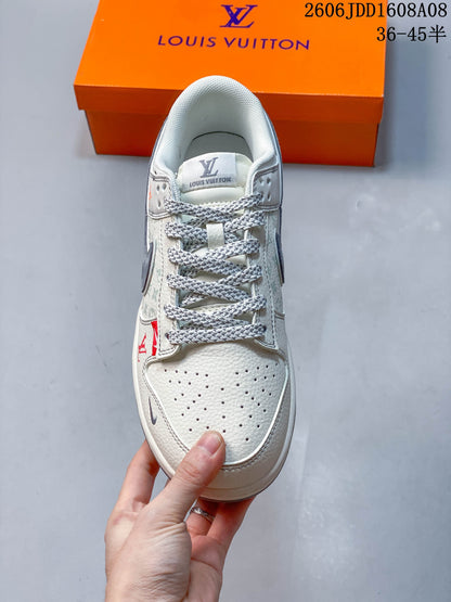 Nike SB Dunk Low LV Print Sneakers in Cream and Gray