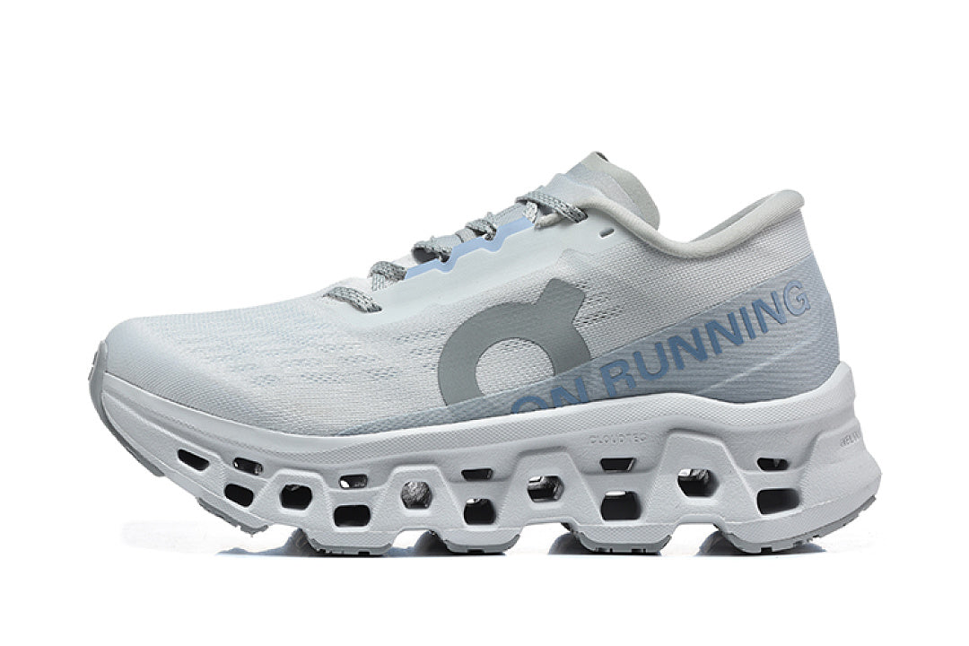 On Cloudmonster 3 Running Shoes – White and Light Blue