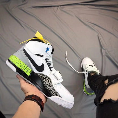 Angled side view of the sneaker with patterned side panels