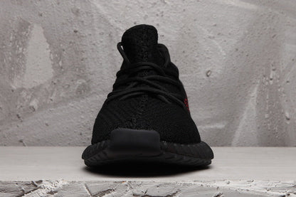Yeezy Boost 350 V2 Black Knit Sneakers with Red Accents
