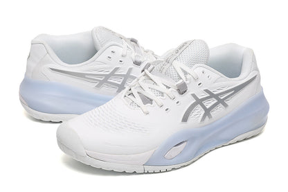 ASICS White and Silver Court Sneakers with Pale Blue Midsole