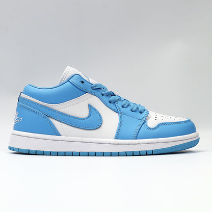 Opposite side profile of the blue and white low-top sneaker with lace-up closure and perforated toe box.