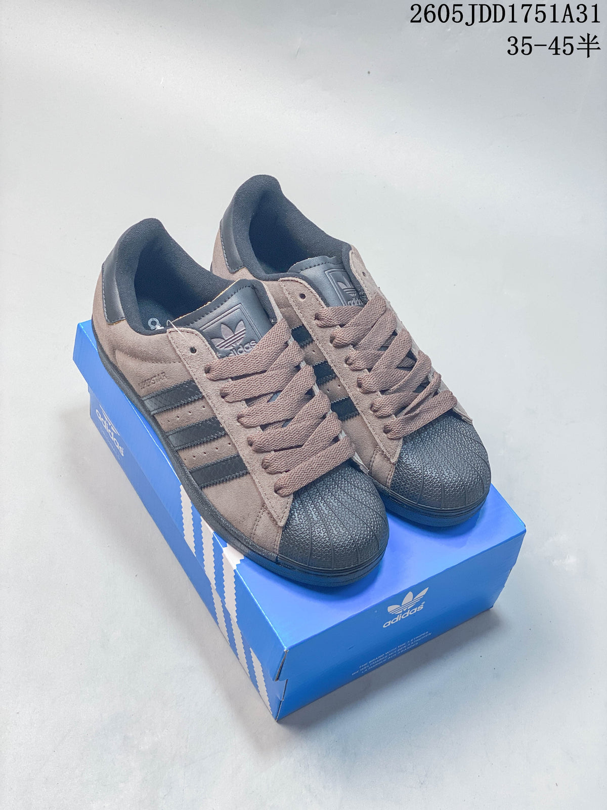 Adidas Superstar Shell-Toe Sneakers in Taupe and Charcoal
