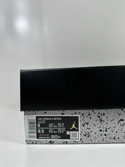 Shoe box label showing AIR JORDAN 4 RETRO, black and white color text, and style code AQ9129-002.