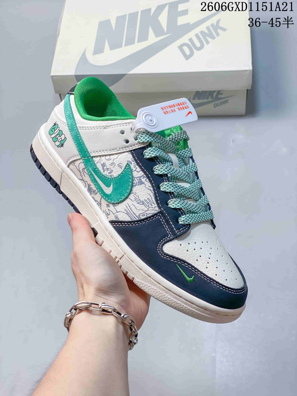 Nike Dunk Low Sneakers White Navy Green Graffiti