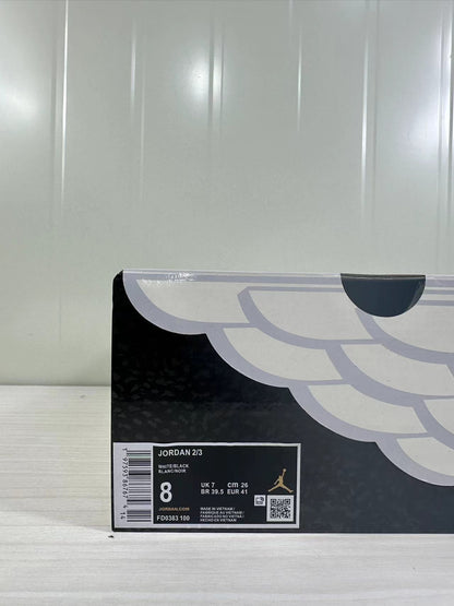 Product box label showing JORDAN 2/3, WHITE/BLACK, size 8, UK 7, CM 26, EUR 41, and style code FD0383 100.