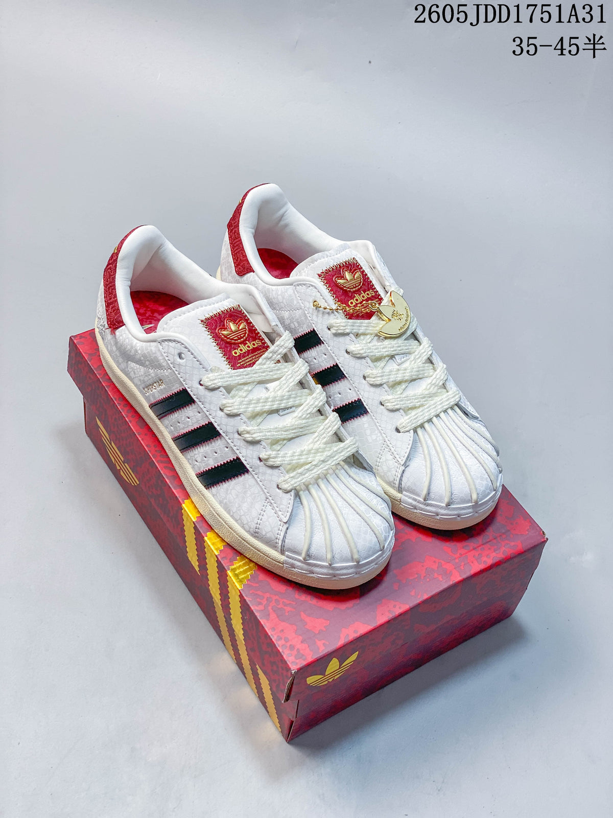 Adidas Superstar White Shell-Toe Sneakers with Red Accents